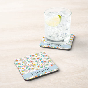 Pattern Of Llamas, Alpacas, Flowers, Your Name Coaster