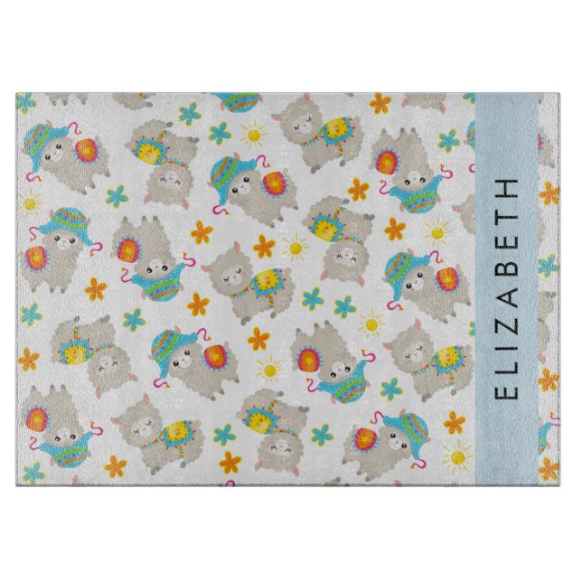 Pattern Of Llamas, Alpacas, Flowers, Your Name Cutting Board (Front)