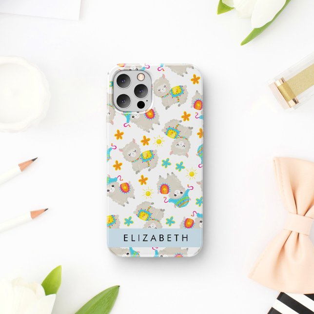 Pattern Of Llamas, Alpacas, Flowers, Your Name iPhone 16 Case (Creator Uploaded)