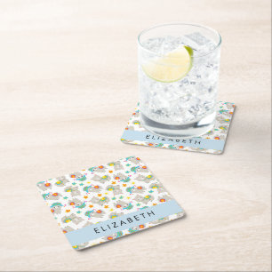 Pattern Of Llamas, Alpacas, Flowers, Your Name Square Paper Coaster