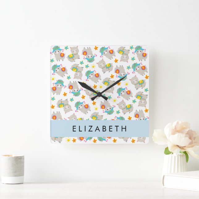 Pattern Of Llamas, Alpacas, Flowers, Your Name Square Wall Clock (Home)