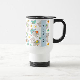 Pattern Of Llamas, Alpacas, Flowers, Your Name Travel Mug
