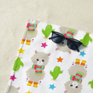 Pattern Of Llamas, Cute Llamas, Alpacas, Cactus Beach Towel