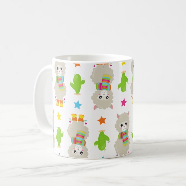 Pattern Of Llamas, Cute Llamas, Alpacas, Cactus Coffee Mug (Front Left)