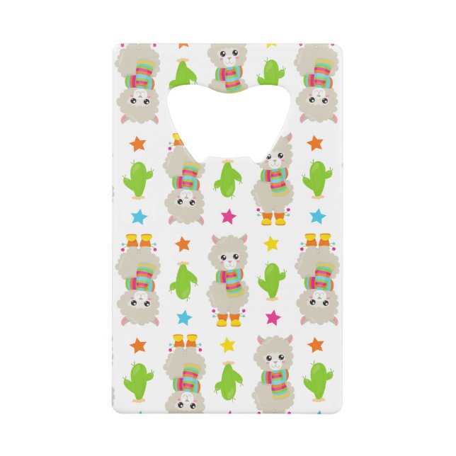 Pattern Of Llamas, Cute Llamas, Alpacas, Cactus Credit Card Bottle Opener (Front)
