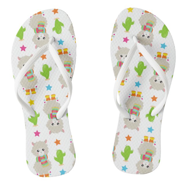 Pattern Of Llamas, Cute Llamas, Alpacas, Cactus Flip Flops (Footbed)