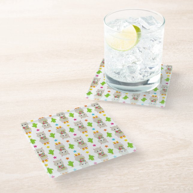 Pattern Of Llamas, Cute Llamas, Alpacas, Cactus Glass Coaster (Angled)
