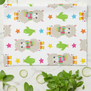 Pattern Of Llamas, Cute Llamas, Alpacas, Cactus Kitchen Towel
