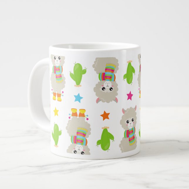 Pattern Of Llamas, Cute Llamas, Alpacas, Cactus Large Coffee Mug (Front Left)