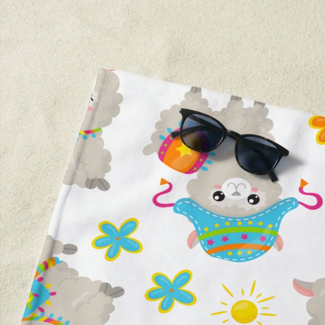 Pattern Of Llamas, Cute Llamas, Alpacas, Flowers Beach Towel (In Situ)