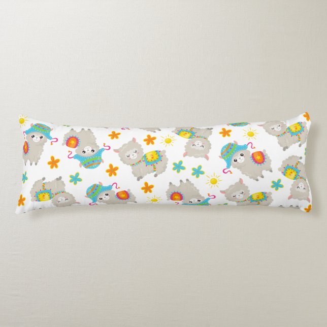 Pattern Of Llamas, Cute Llamas, Alpacas, Flowers Body Pillow (Front)