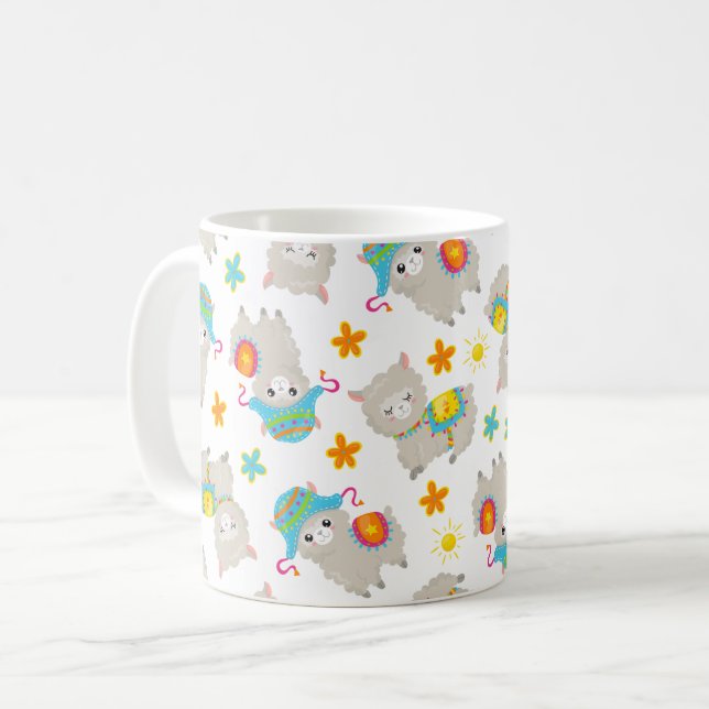 Pattern Of Llamas, Cute Llamas, Alpacas, Flowers Coffee Mug (Front Left)