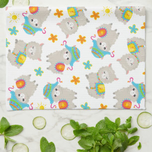 Pattern Of Llamas, Cute Llamas, Alpacas, Flowers Kitchen Towel