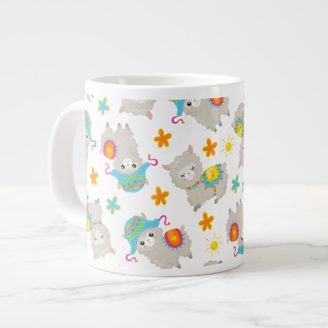 Pattern Of Llamas, Cute Llamas, Alpacas, Flowers Large Coffee Mug (Front Left)
