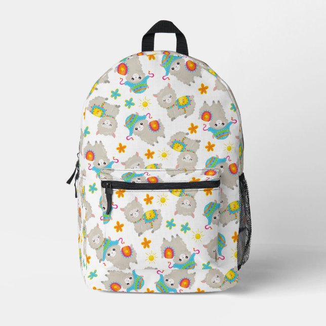 Pattern Of Llamas, Cute Llamas, Alpacas, Flowers Printed Backpack (Front)