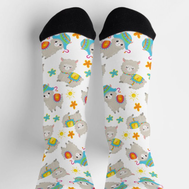 Pattern Of Llamas, Cute Llamas, Alpacas, Flowers Socks (Top)
