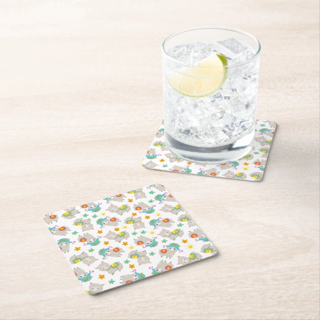Pattern Of Llamas, Cute Llamas, Alpacas, Flowers Square Paper Coaster (Insitu)