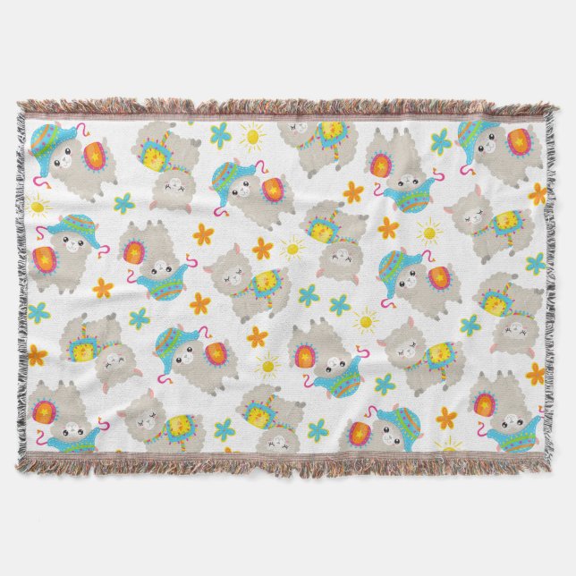 Pattern Of Llamas, Cute Llamas, Alpacas, Flowers Throw Blanket (Front)