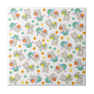 Pattern Of Llamas, Cute Llamas, Alpacas, Flowers Tile