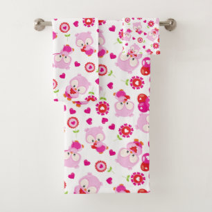 Pattern Of Owls, Cute Owls, Pink Owls, Hearts Bath Towel Set