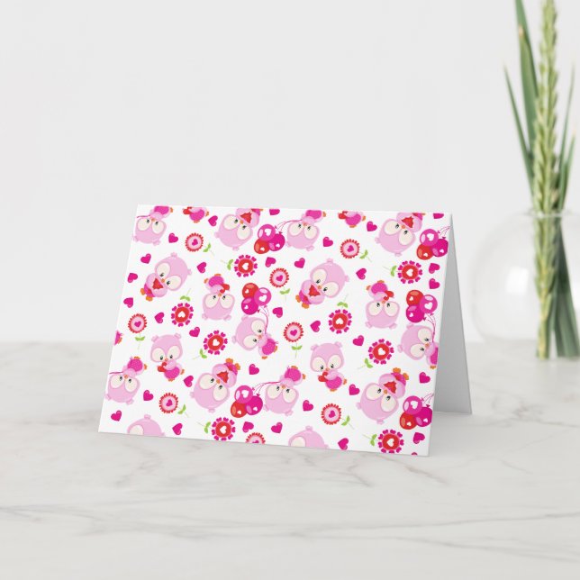 Pattern Of Owls, Cute Owls, Pink Owls, Hearts Card (Front)