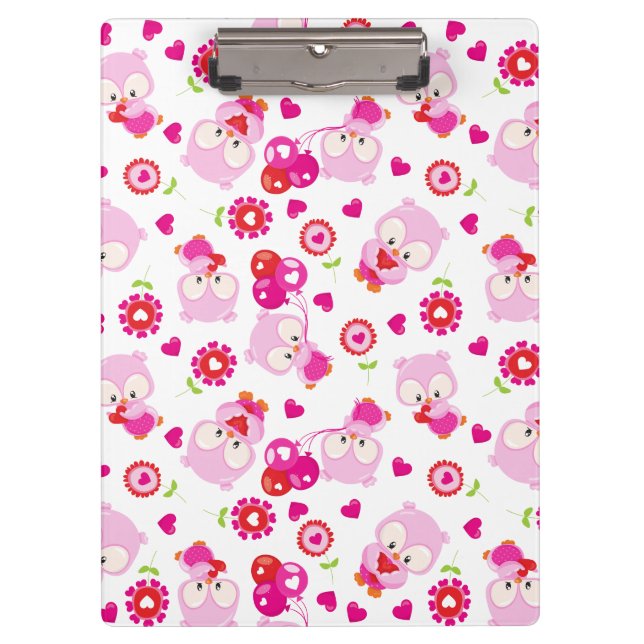 Pattern Of Owls, Cute Owls, Pink Owls, Hearts Clipboard (Front)