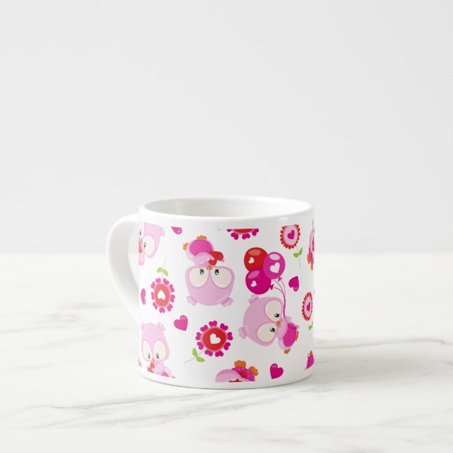 Pattern Of Owls, Cute Owls, Pink Owls, Hearts Espresso Cup (Front Left)