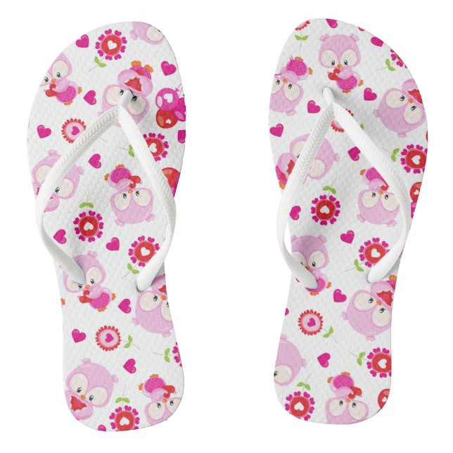 Pattern Of Owls, Cute Owls, Pink Owls, Hearts Flip Flops (Footbed)