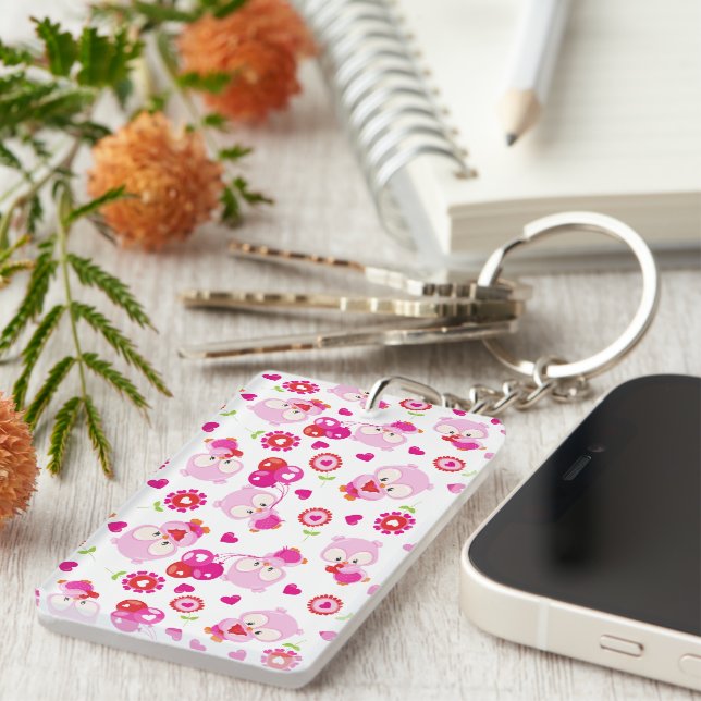 Pattern Of Owls, Cute Owls, Pink Owls, Hearts Keychain (Front Right)