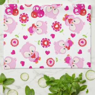 Pattern Of Owls, Cute Owls, Pink Owls, Hearts Kitchen Towel