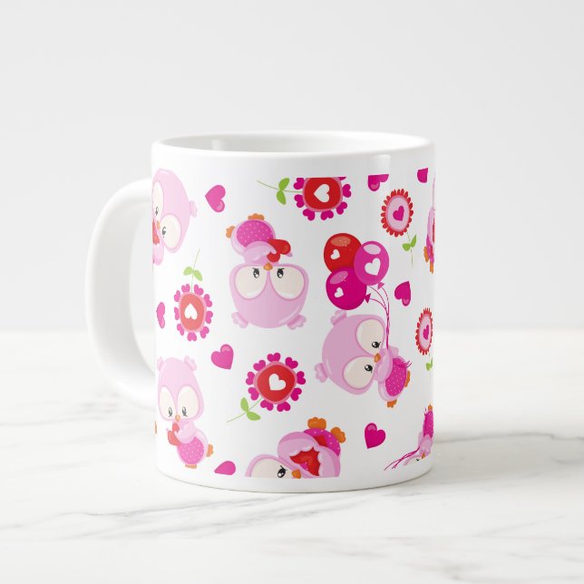 Pattern Of Owls, Cute Owls, Pink Owls, Hearts Large Coffee Mug (Front Left)