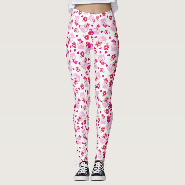 Pattern Of Owls, Cute Owls, Pink Owls, Hearts Leggings (Front)