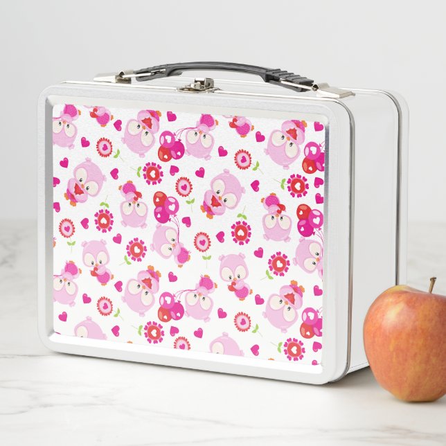 Pattern Of Owls, Cute Owls, Pink Owls, Hearts Metal Lunch Box (In Situ)