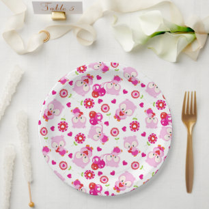 Pattern Of Owls, Cute Owls, Pink Owls, Hearts Paper Plate