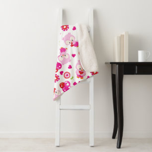 Pattern Of Owls, Cute Owls, Pink Owls, Hearts Sherpa Blanket
