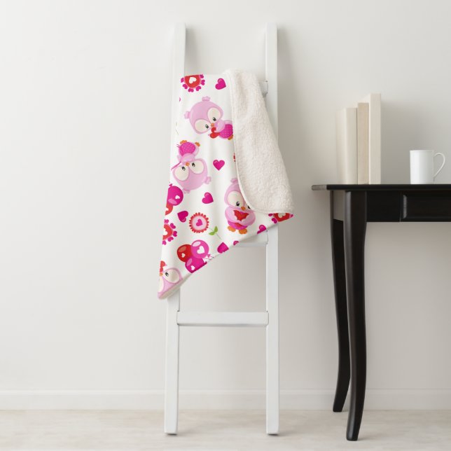 Pattern Of Owls, Cute Owls, Pink Owls, Hearts Sherpa Blanket (In Situ)