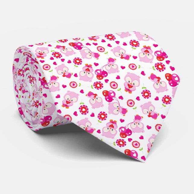 Pattern Of Owls, Cute Owls, Pink Owls, Hearts Tie (Rolled)