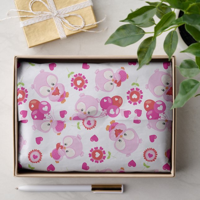 Pattern Of Owls, Cute Owls, Pink Owls, Hearts Tissue Paper (Gift)
