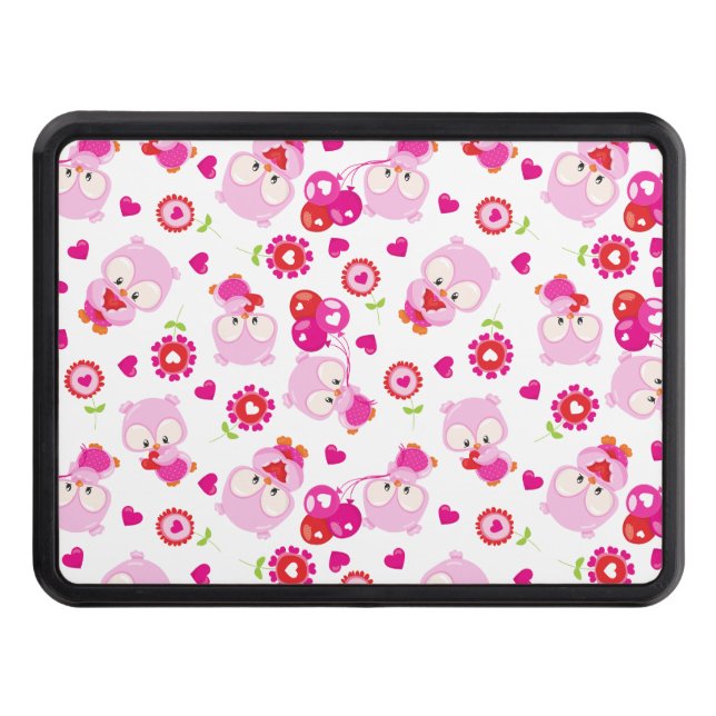 Pattern Of Owls, Cute Owls, Pink Owls, Hearts Trailer Hitch Cover (Front)