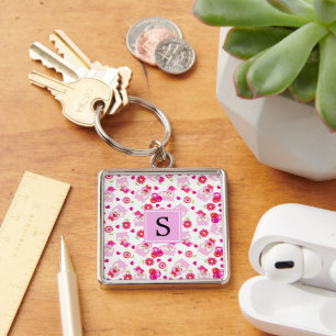 Pattern Of Owls, Cute Owls, Pink Owls, Monogram Keychain