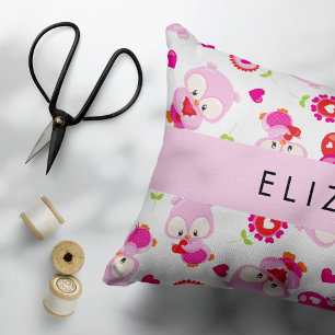 Pattern Of Owls, Cute Owls, Pink Owls, Your Name Accent Pillow