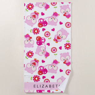 Pattern Of Owls, Cute Owls, Pink Owls, Your Name Beach Towel