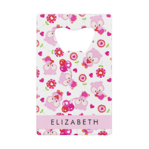 Pattern Of Owls, Cute Owls, Pink Owls, Your Name Credit Card Bottle Opener