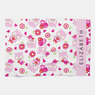 Pattern Of Owls, Cute Owls, Pink Owls, Your Name Kitchen Towel