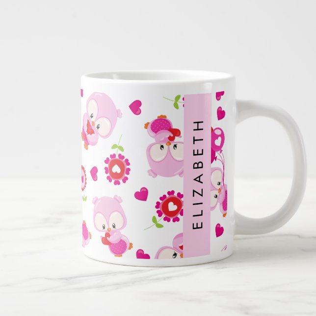 Pattern Of Owls, Cute Owls, Pink Owls, Your Name Large Coffee Mug (Right)