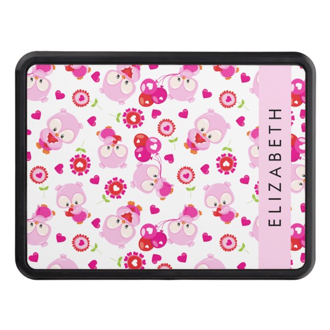 Pattern Of Owls, Cute Owls, Pink Owls, Your Name Trailer Hitch Cover (Front)