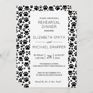 Pattern Of Paws, Black And White, Rehearsal Dinner Invitation