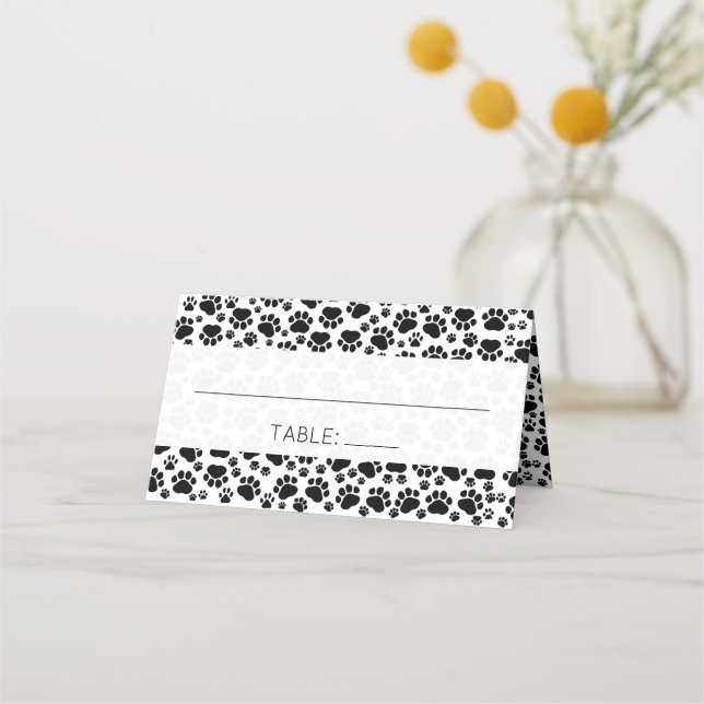 Pattern Of Paws, Black And White, Wedding Place Card (Front)