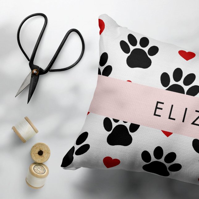 Pattern Of Paws, Black Paws, Red Hearts, Your Name Accent Pillow (Creator Uploaded)