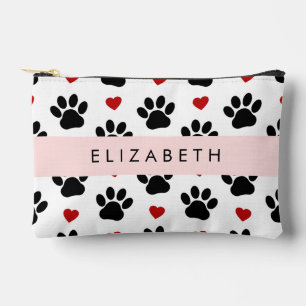 Pattern Of Paws, Black Paws, Red Hearts, Your Name Accessory Pouch